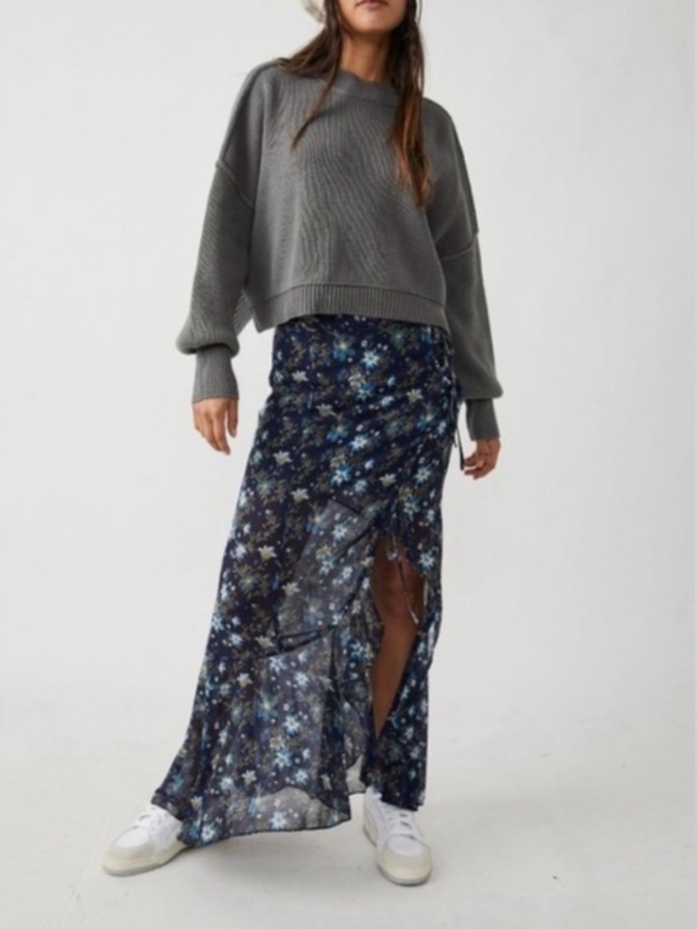 Free People Femme Edge Blue Floral Wrap Maxi Skirt NWOT
